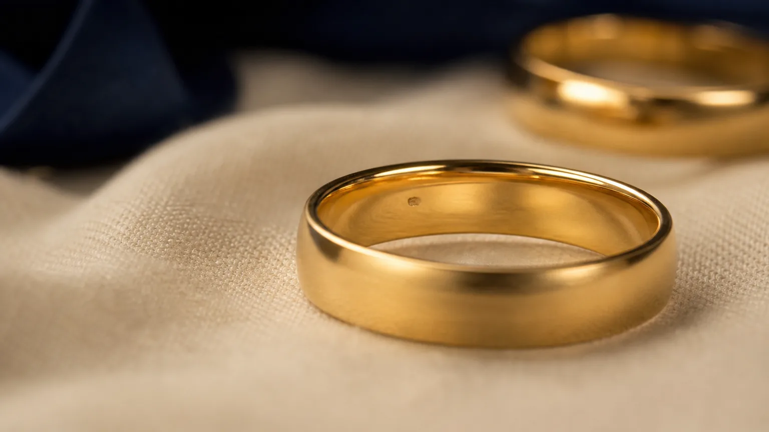 Aliança de ouro 18k sobre tecido claro, com a parte interna do aro voltada para a câmera, onde costuma ficar a marcação 750