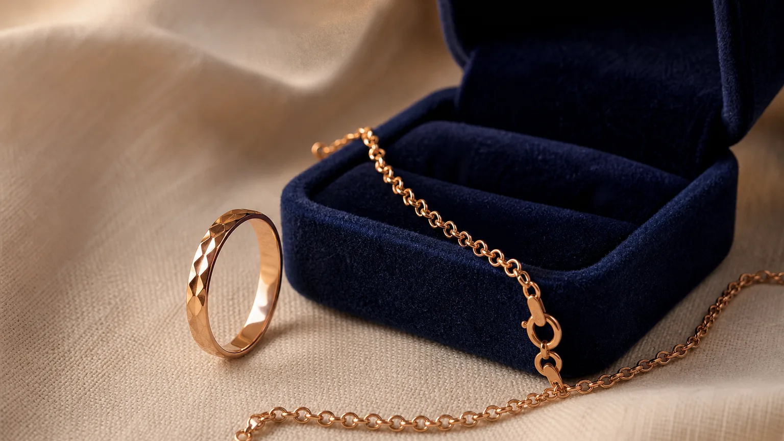 Aliança facetada e pulseira de corrente de ouro rosé sobre linho creme, ao lado de uma caixinha de veludo azul-marinho aberta