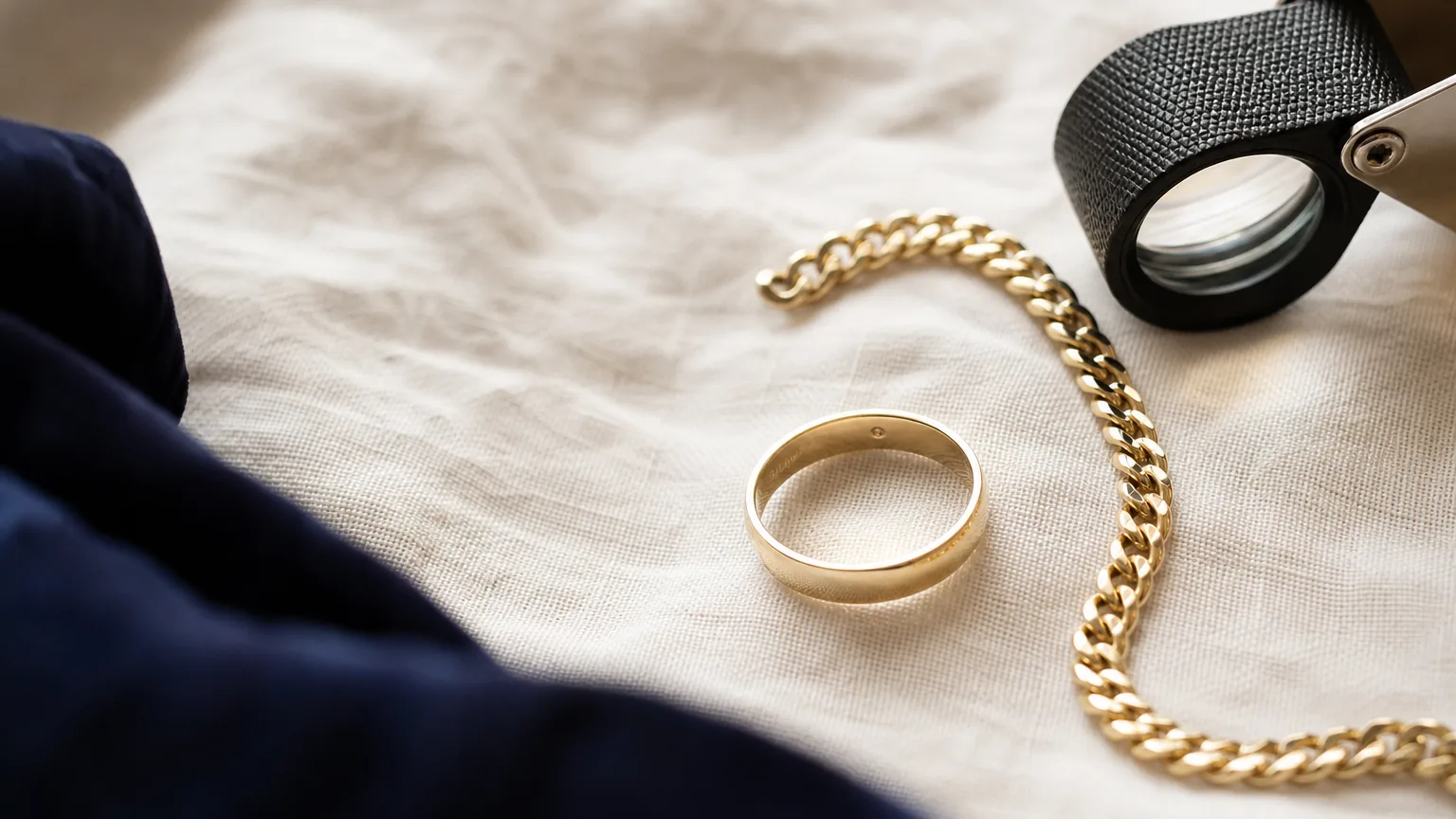 Corrente de elos e aliança lisa de ouro 14k, de tom amarelo mais suave, sobre linho creme ao lado de uma lupa de joalheiro