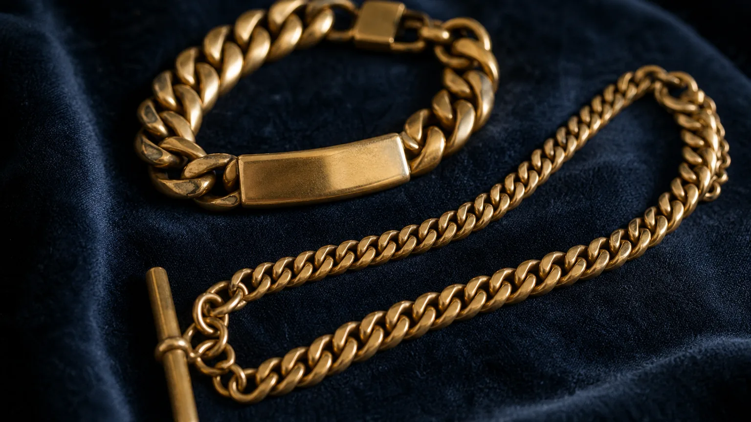 Pulseira de elos com plaqueta e corrente de relógio de bolso com barra em T, peças antigas de aparência dourada, sobre veludo azul-marinho